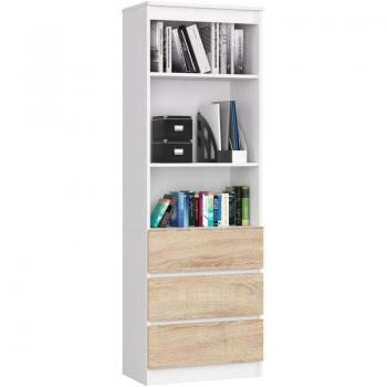 Bibliothèque de bureau AKORD R60 Blanche, 60 cm, 3 tiroirs, étagères chêne Sonoma
