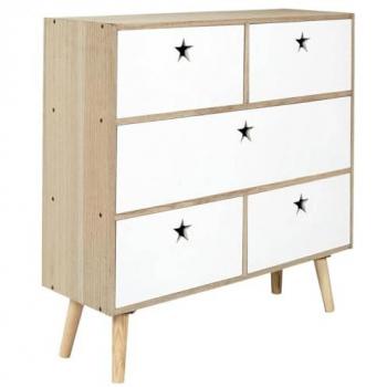 Rangement STARLY 5 tiroirs blanc, poignées bois ajourées à motif étoilé