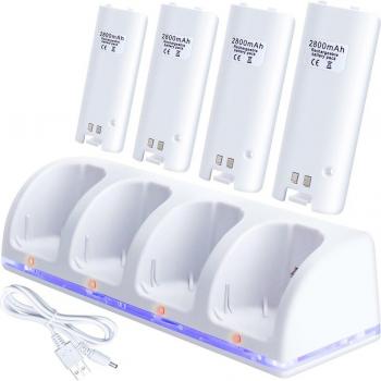 OSTENT White Docking Station with 4 Battery Packs for Nintendo Wii Remote