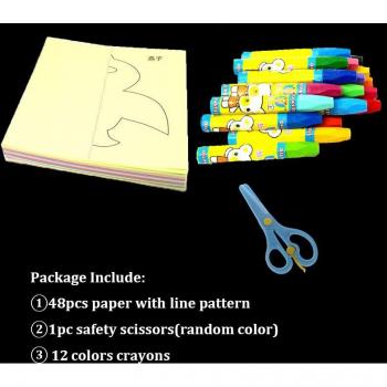 12-Color Crayon and 61-Piece Cartoon Paper Folding & Cutting Art Set for Kids