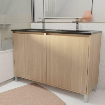 Meuble 120 cm XENOS, 4 Portes, Chêne Clair, Vasque Double Noire