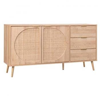 Aparador de madera y caña redondeada, 2 puertas, 3 cajones, 150 cm, modelo Eva