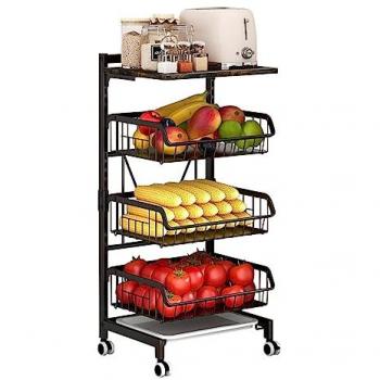 TODECO Rollender Gemüseregal 4‑Stufen mit Holzunterlage, stapelbar, abschließbar