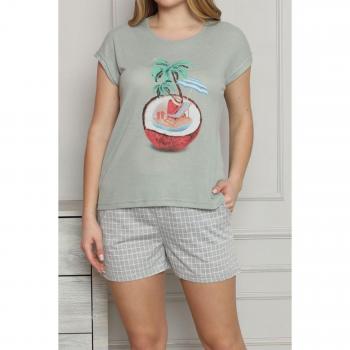 Set di pigiama in cotone-lycra per donna: pantalone corto, manica corta, tasca, colore verde, taglia S
