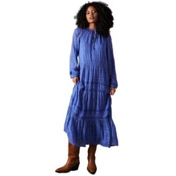 Blue Metallic Jacquard Dobby Lace Insert Midi Smock Dress