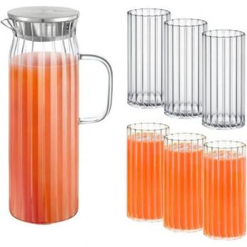 Homtex Glaskaraffe 1,5 l – 6‑teiliges Wasserglas-Set (je 300 ml) + passender Edelstahldeckel