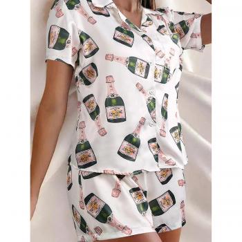 Pijama Suelto de Mujer con Botellas de Champán y Manga Corta