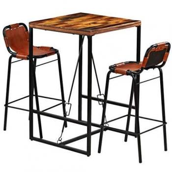 Ensemble de bar 3 pièces en bois massif recyclé et cuir de chèvre