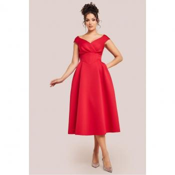 Red Midi Corset Dress with Flared Silhouette – by Goddiva