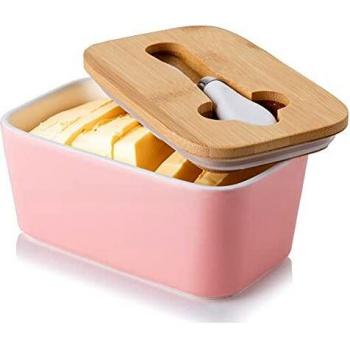 Porcelain Butter Dish with Knife & Wooden Lid, Candiicap Airtight Butter Keeper for Countertop, Large Butter Holder for All Types of Butter (Matte Pink)