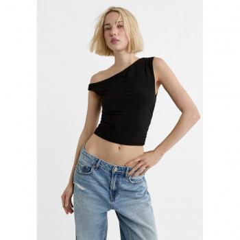 Black Asymmetric Gathered Crop Top