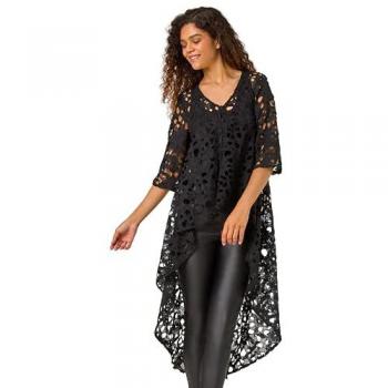 Blouse Roman noir à dentelle, coupe haute-bas, bouton – Roman Black Lace