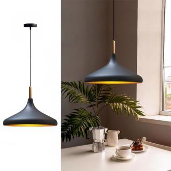 Bamyum Champion Pendelleuchte Schwarz-Gold Ø35 cm Holz-Metall E27 Moderne Hängelampe