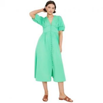 Oasis Plain Poplin Button Down Puff Sleeve Midi Dress Bright Green 14