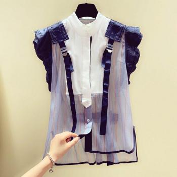 TWOTWINSTYLE Frauenbluse mit Stehkragen, gestreift und ärmellos, Rüschen-Design