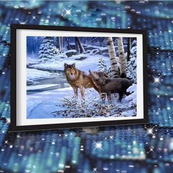 Pittura con diamanti in forma quadrata 5D Lupo Selvaggio Paesaggio fai da solo, Ricamo Natalizio, Mosaico Crocifisso, Aghi Artigianali per la casa Full Round (20x30 cm)