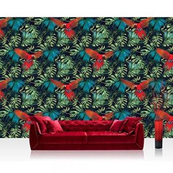 Premium Plus Vlies-Fototapete 416x254 cm – Gemälde mit Papagei und Blattmotiven