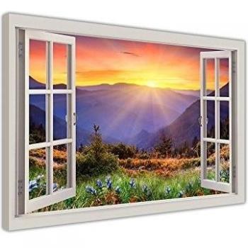 Vista de montaña amanecer 3D efecto ventana fotos enmarcadas lienzo pared Art Prints decoración imágenes 38 mm de espesor marco, lona madera, 02