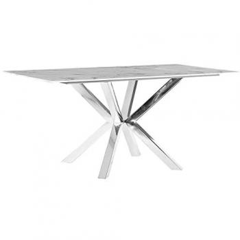 Tavolo da Pranzo Rettangolare in Vetro Temperato Bianco e Argento con Gambe in Metallo 160 x 90 cm Glam