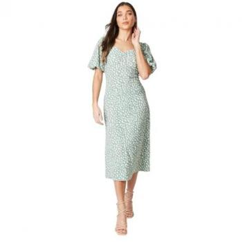 Petite Green Animal Puff Sleeve Midi Dress