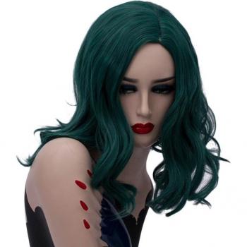 Peluca mujer sintética, cabello rizado y corto en verde, negro degradado, sección central