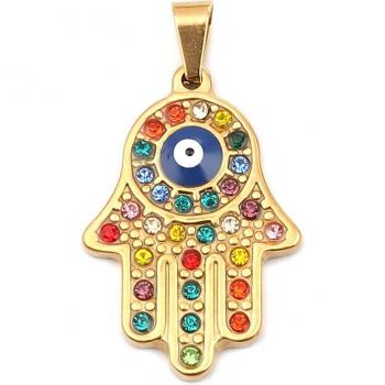 304 Stainless Steel Religious Hand Pendant with Blue Evil Eye Design