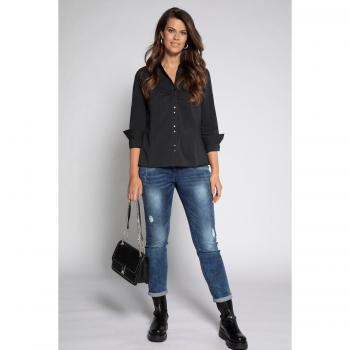 Blusa Nera con Arricciatura e Maniche Lunghe per Donna, Taglia Grande, Cotone/Poliestere