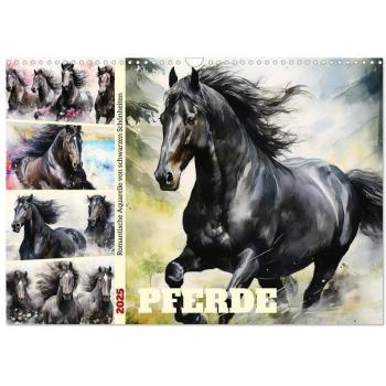 Pferde. Romantische Aquarelle von schwarzen Schönheiten (Wandkalender 2025 DIN A3 quer) CALVENDO Monatskalender
