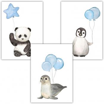 Frechdax® 3er Set Kinderzimmer Wandbilder DIN A4 | Safari Tiere Tierposter Luftballon Farbwahl