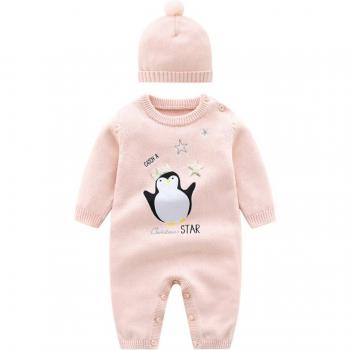 Neugeborenen Strampler Set mit Pinguin-Stickerei und Mütze