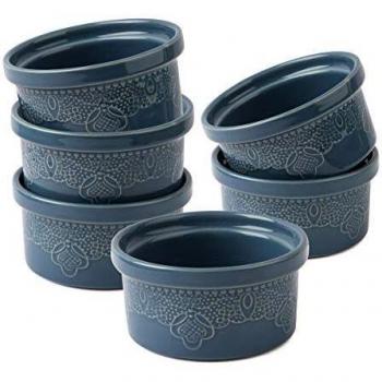 FE Ramekins Set of 6, 240 ml Souffle Dish, Ceramic Lace Embossed Creme Brulee Dishes for Baking and Dipping Sauces, Oven Safe Bowl