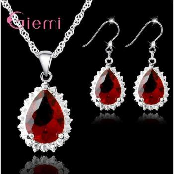 Retro Red Water Crystals Pendant Necklace and Earrings Set
