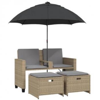 VidaXL Gartensofa 2-Sitzer mit Hockern und Sonnenschirm Beige Poly-Rattan