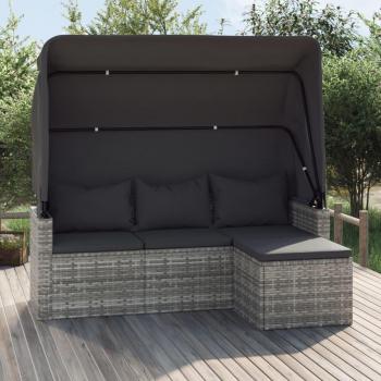 3-Seater Garden Sofa with Canopy and Footrest Grey Poly Rattan