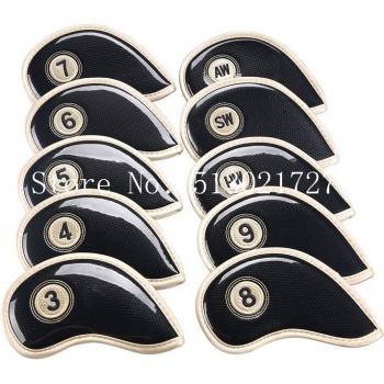 Fundas de Golf para Cabezas de Hierro 10 Uds. en Cuero PU Negro y Superficie Dorada