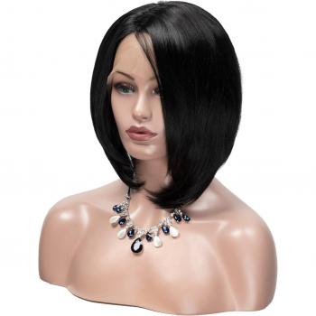 Perruque noire naturelle en cheveux synthétiques avec dentelle frontale