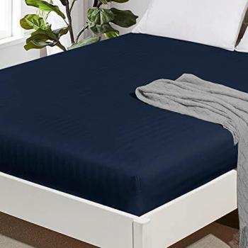 Single Fitted Sheet 25cm Soft Brushed Microfiber Satin Stripes Navy