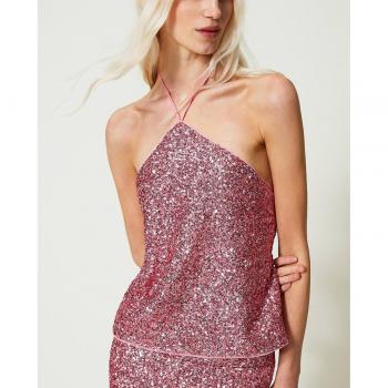 Twinset Top Halter Paillettes Rosa Rose Wine XL