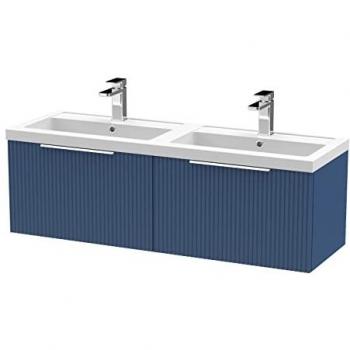 Hudson Reed Fluted 1200mm Wall Hung Double Vanity Unit with Twin Polymarble Basin Satin Blue