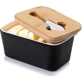 Porcelain Butter Dish with Knife & Wooden Lid