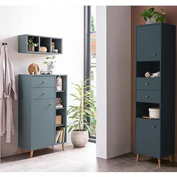 Badmöbel Set BELFORT-80 skandinavisches Design blau mit Hochwertigem Highboard und Massivholzfüßen