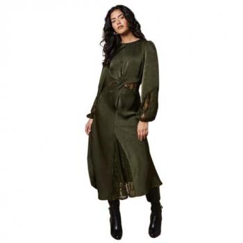 Oasis Khaki Lace‑Satin Midi Dress for Women, Petite Size 8
