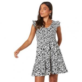 Womens Petite Mono Ditsy Shirred Bodice Mini Dress