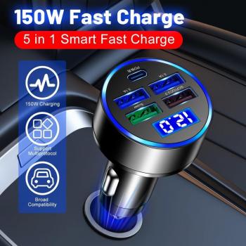 UltraCharge 5-Port Car Adapter – 5V/3.1A, Dual USB-C & QC3.0 Fast Charge, LED Voltage Meter