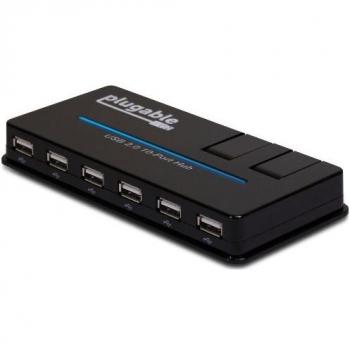 Hub USB 2.0 Plugable avec Adaptateur 20W et Deux Prises de chargement rabattables