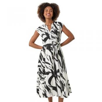 Mid-Length Brushstroke Linen Dress in Black (Size 10)