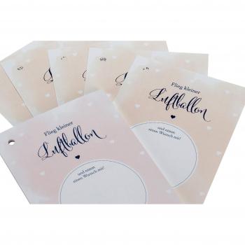50 Ballonflugkarten für Hochzeit gelocht und extra leicht zum Weitfliegen. Wetterfeste Ballonkarten mit Wünschen zur Hochzeit für einen extra langen Flug. Weitflugkarten im Postkartenformat DIN A6