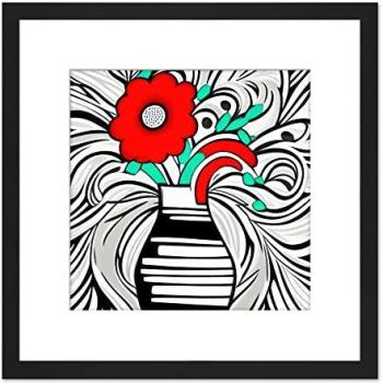Black Artery8 Poppy Vortex: 8x8 Red & Teal Wall Art with Wooden Frame