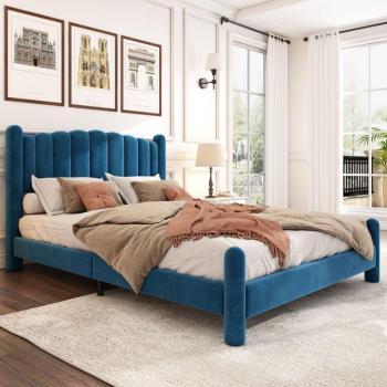 Letto Velluto Blu con Gambe Cilindriche 140x200