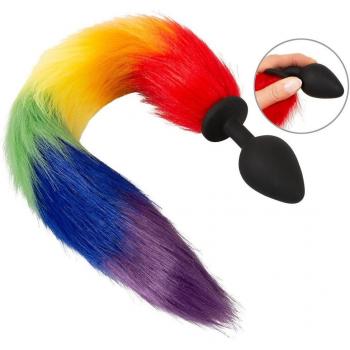 Schwarzer Fluffy-Tail-Analplug in Regenbogenfarben